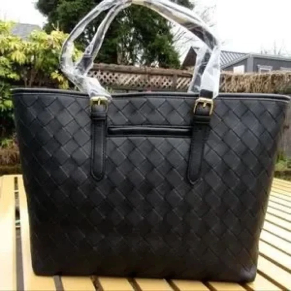NWT London Fog “Kylar” Woven Black Vegan Leather Handbag Tote Purse